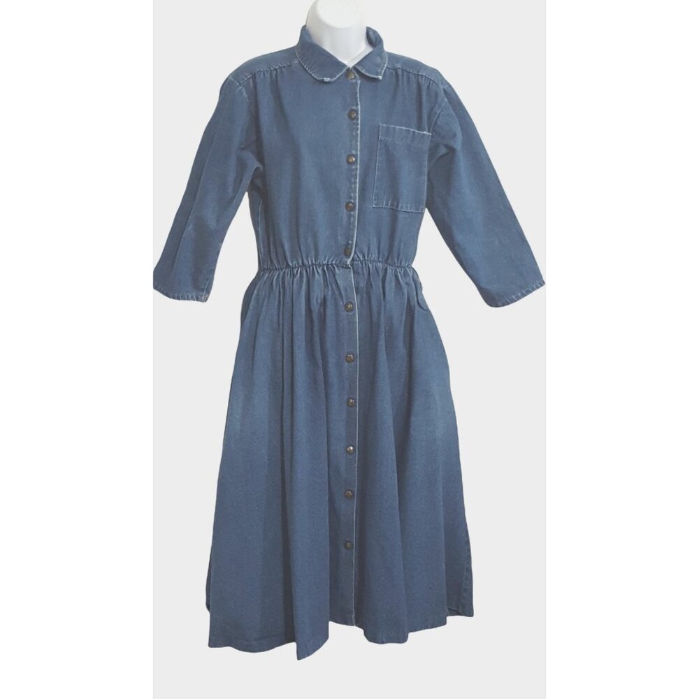 Apostrophe Vintage Denim Womens Dress L Midi 3/4 Sleeve Blue Snap Fit Flare